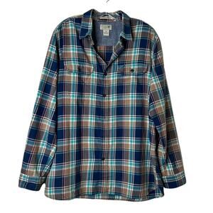 L. L. Bean Slightly Fitted Plaid Button Overshirt Blue Tan Mens Large Regular